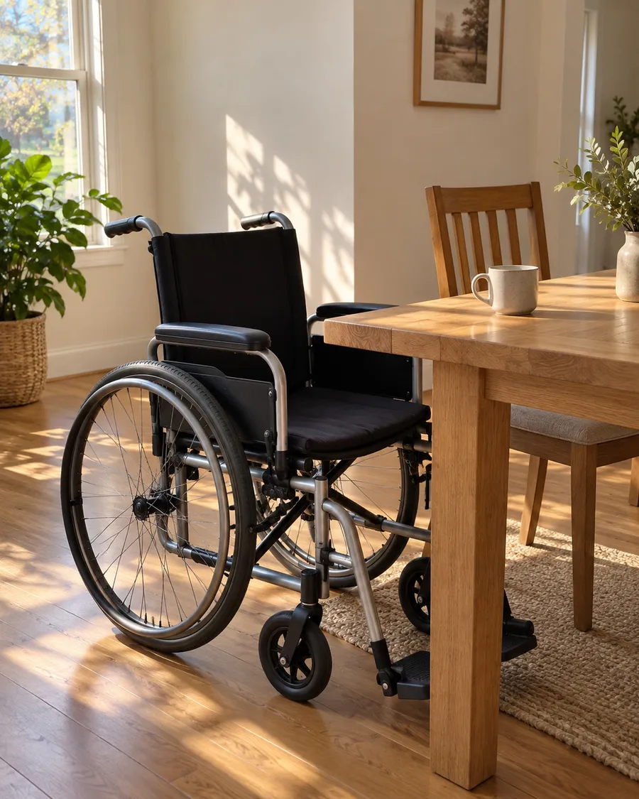Cadeira de rodas parada junto à mesa de jantar, com uma xícara na mesa